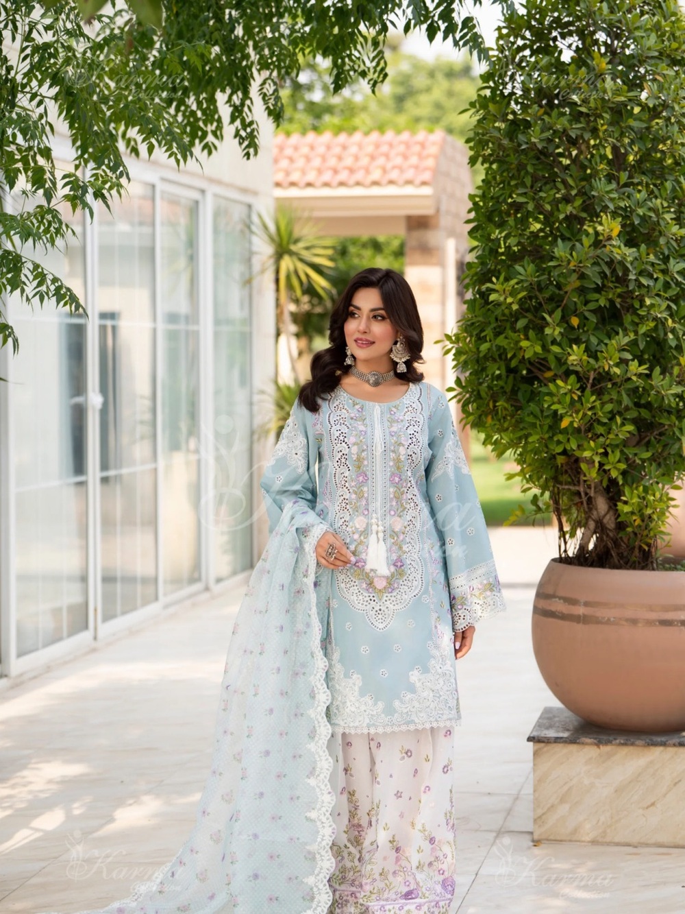Karma Pastel Blue Embroidered Long Sleeve Dress with Printed Trouser and Dupatta